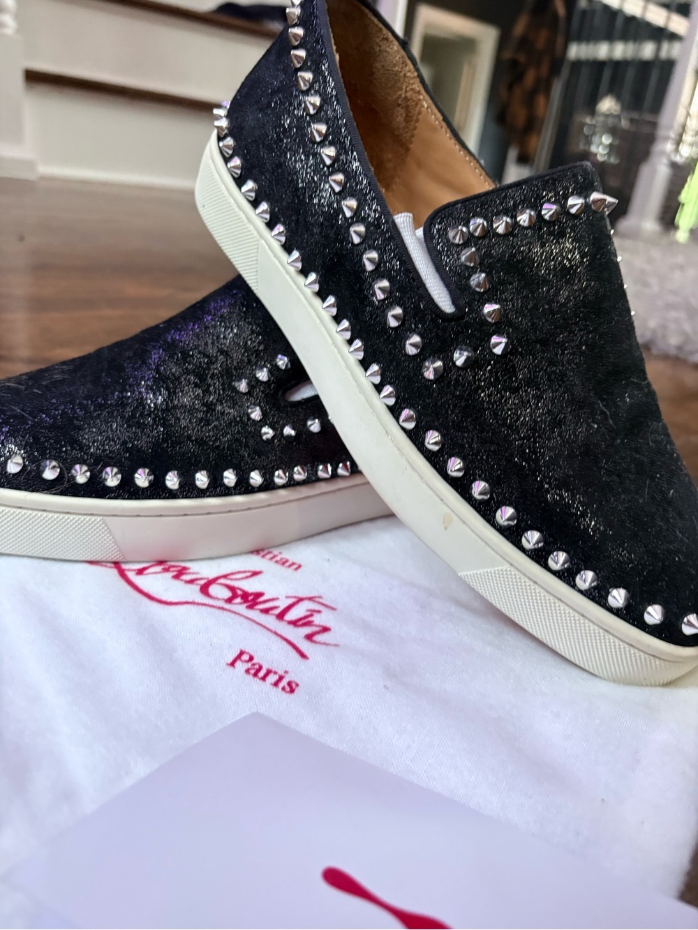 Christian Louboutin Black Velvet Studded Slip-On Sneakers